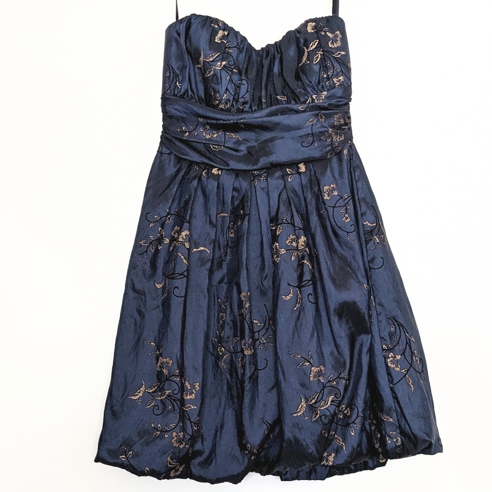 Windsor Midnight Blue and Gold Floral Sweetheart Strapless Bubble Dress 9/10